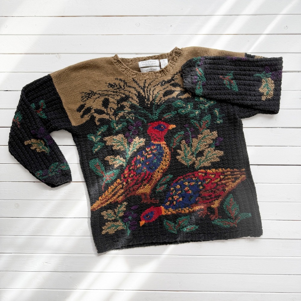 vtg Northern Isles pheasant bird cotton hand knit sweater‎ size L